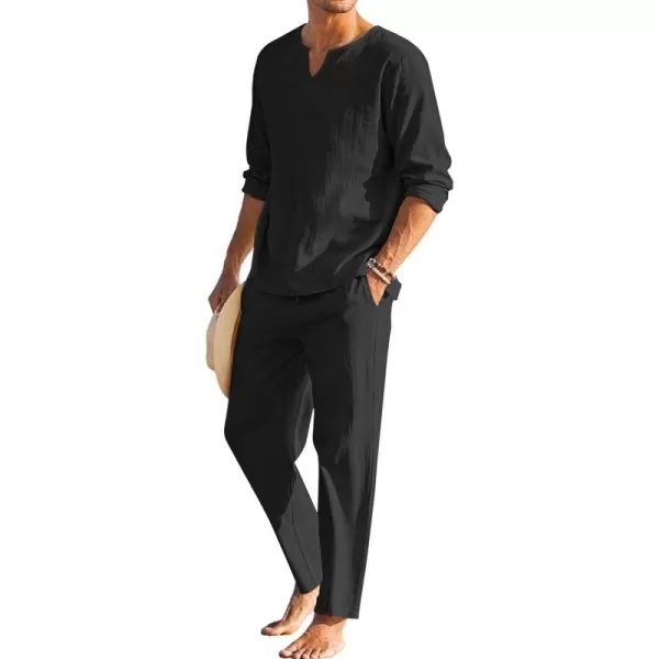 COOFANDY Men's 2 Pieces Cotton Linen Set Henley Shirt Long Sleeve and Casual Beach Pants Summer Yoga Outfits