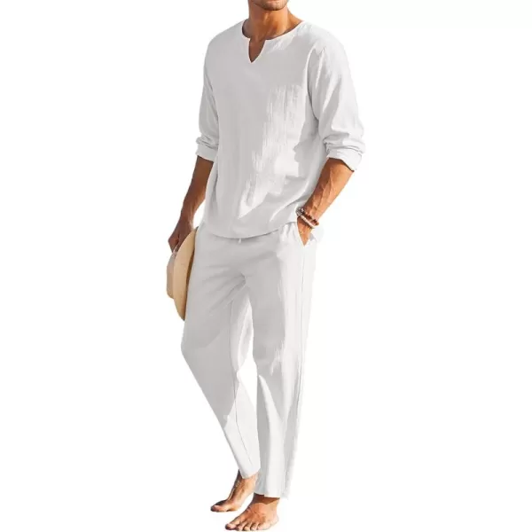 COOFANDY Men's 2 Pieces Cotton Linen Set Henley Shirt Long Sleeve and Casual Beach Pants Summer Yoga Outfits