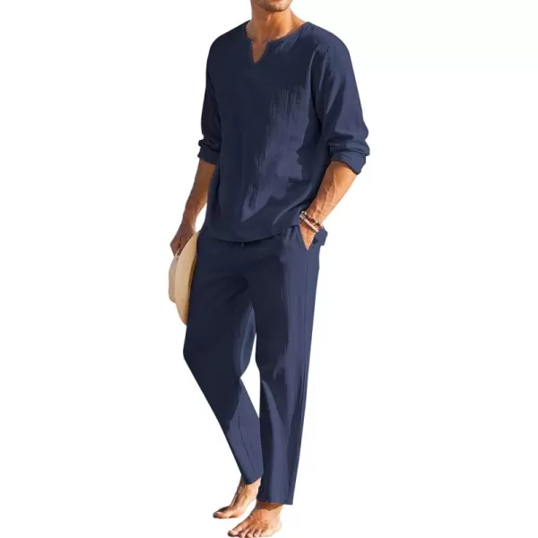 COOFANDY Men's 2 Pieces Cotton Linen Set Henley Shirt Long Sleeve and Casual Beach Pants Summer Yoga Outfits