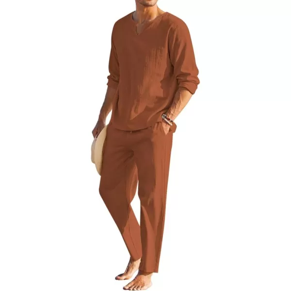 COOFANDY Men's 2 Pieces Cotton Linen Set Henley Shirt Long Sleeve and Casual Beach Pants Summer Yoga Outfits
