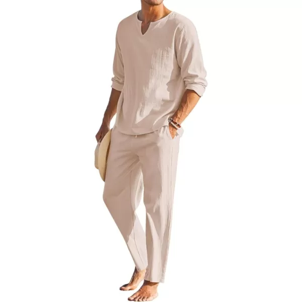 COOFANDY Men's 2 Pieces Cotton Linen Set Henley Shirt Long Sleeve and Casual Beach Pants Summer Yoga Outfits