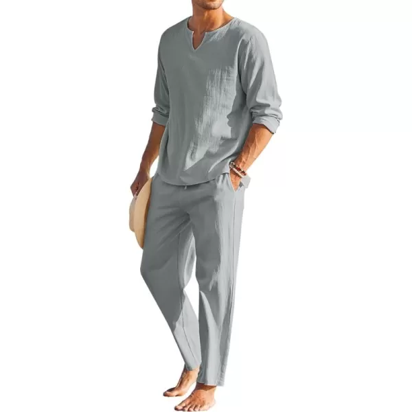 COOFANDY Men's 2 Pieces Cotton Linen Set Henley Shirt Long Sleeve and Casual Beach Pants Summer Yoga Outfits