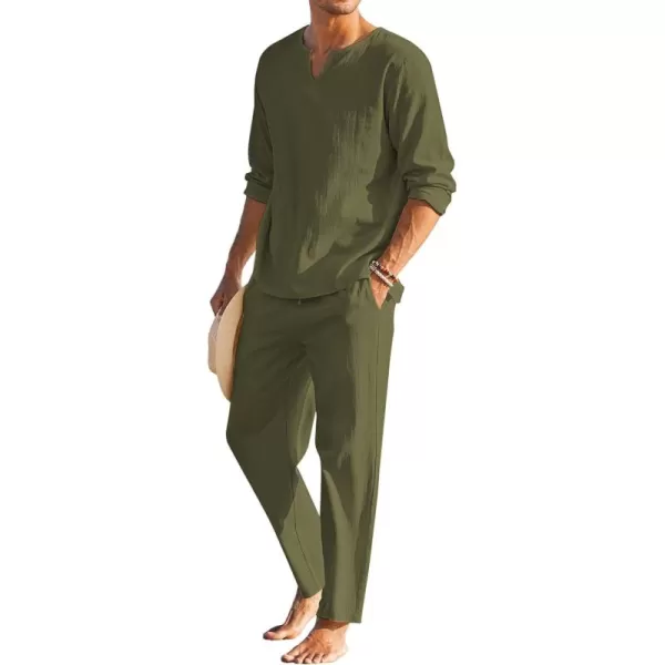 COOFANDY Men's 2 Pieces Cotton Linen Set Henley Shirt Long Sleeve and Casual Beach Pants Summer Yoga Outfits