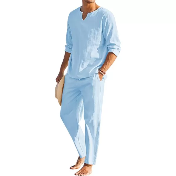 COOFANDY Men's 2 Pieces Cotton Linen Set Henley Shirt Long Sleeve and Casual Beach Pants Summer Yoga Outfits