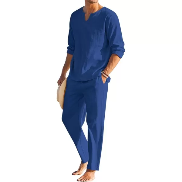 COOFANDY Men's 2 Pieces Cotton Linen Set Henley Shirt Long Sleeve and Casual Beach Pants Summer Yoga Outfits