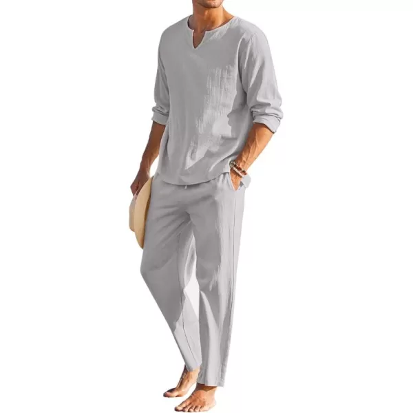 COOFANDY Men's 2 Pieces Cotton Linen Set Henley Shirt Long Sleeve and Casual Beach Pants Summer Yoga Outfits