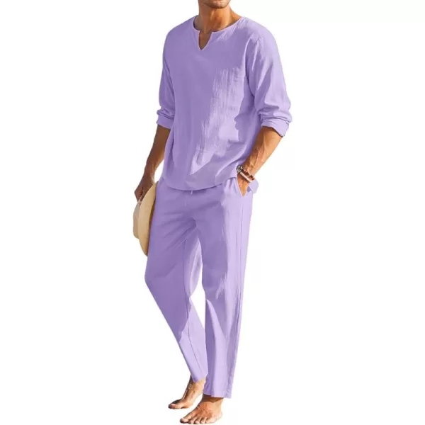 COOFANDY Men's 2 Pieces Cotton Linen Set Henley Shirt Long Sleeve and Casual Beach Pants Summer Yoga Outfits