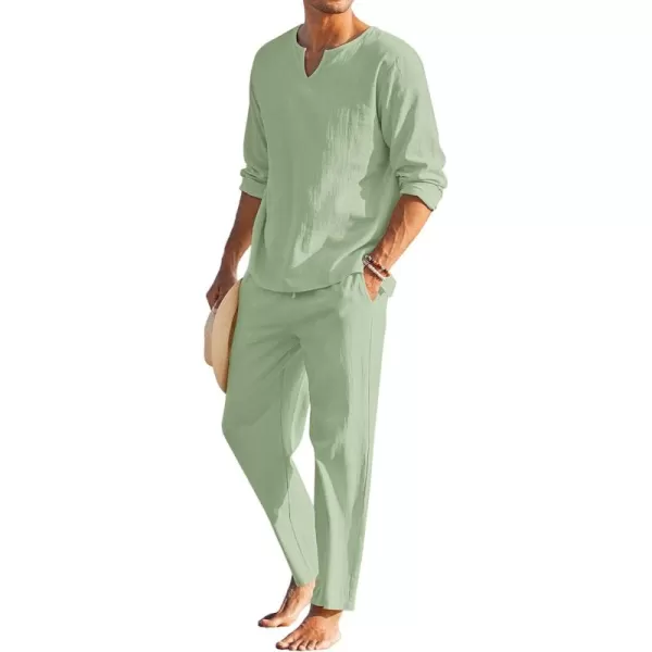 COOFANDY Men's 2 Pieces Cotton Linen Set Henley Shirt Long Sleeve and Casual Beach Pants Summer Yoga Outfits