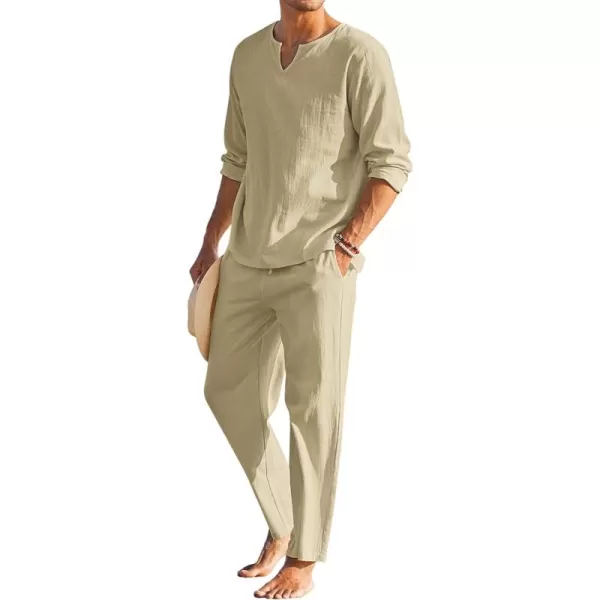 COOFANDY Men's 2 Pieces Cotton Linen Set Henley Shirt Long Sleeve and Casual Beach Pants Summer Yoga Outfits