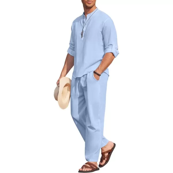 COOFANDY Men's 2 Pieces Cotton Linen Set Long Sleeve Henley Shirts Casual Beach Pants With Pockets Summer Yoga Outfits