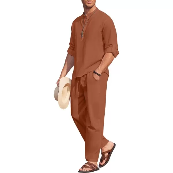 COOFANDY Men's 2 Pieces Cotton Linen Set Long Sleeve Henley Shirts Casual Beach Pants With Pockets Summer Yoga Outfits