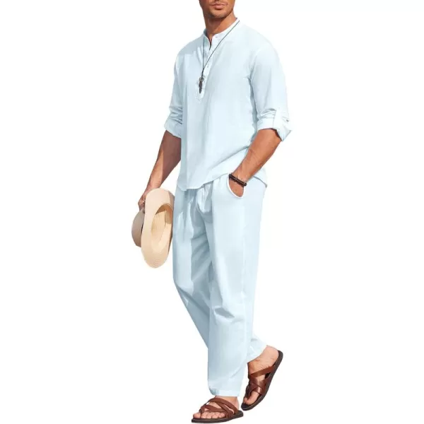 COOFANDY Men's 2 Pieces Cotton Linen Set Long Sleeve Henley Shirts Casual Beach Pants With Pockets Summer Yoga Outfits