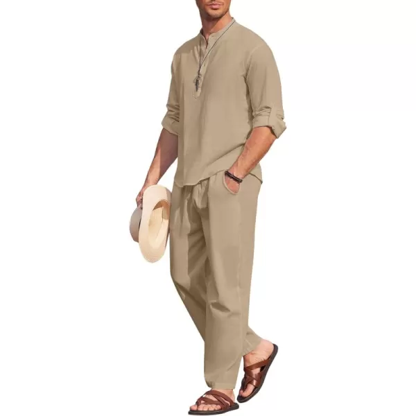 COOFANDY Men's 2 Pieces Cotton Linen Set Long Sleeve Henley Shirts Casual Beach Pants With Pockets Summer Yoga Outfits