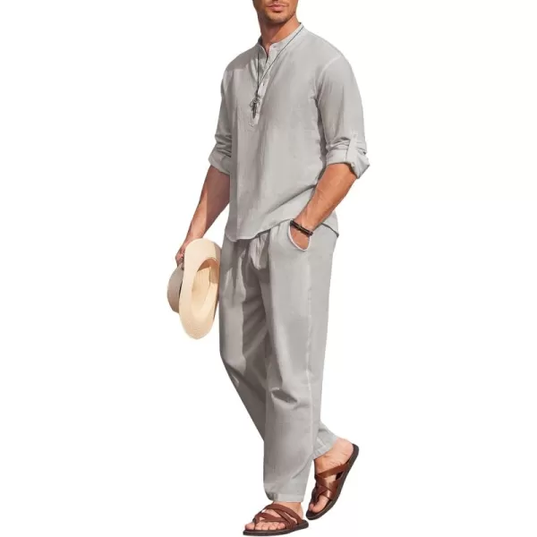 COOFANDY Men's 2 Pieces Cotton Linen Set Long Sleeve Henley Shirts Casual Beach Pants With Pockets Summer Yoga Outfits
