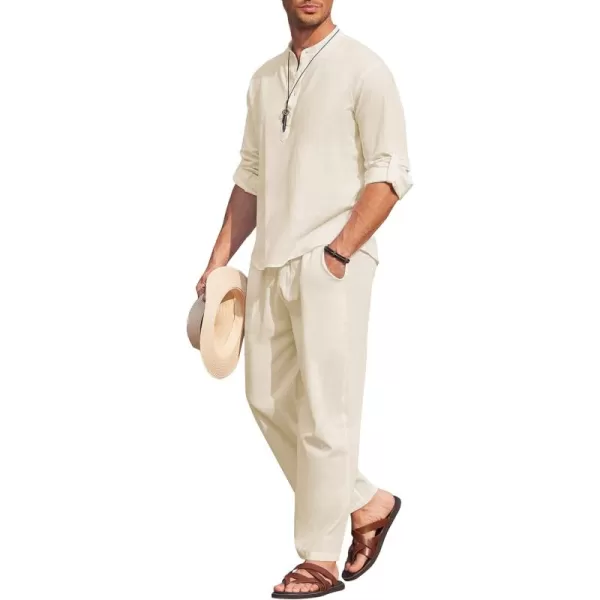 COOFANDY Men's 2 Pieces Cotton Linen Set Long Sleeve Henley Shirts Casual Beach Pants With Pockets Summer Yoga Outfits