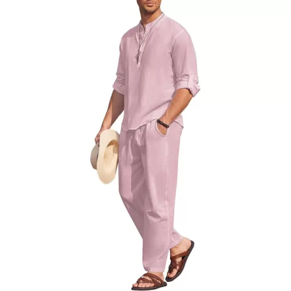 COOFANDY Men's 2 Pieces Cotton Linen Set Long Sleeve Henley Shirts Casual Beach Pants With Pockets Summer Yoga Outfits