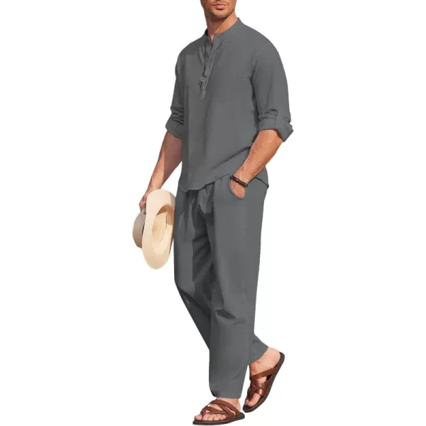 COOFANDY Men's 2 Pieces Cotton Linen Set Long Sleeve Henley Shirts Casual Beach Pants With Pockets Summer Yoga Outfits