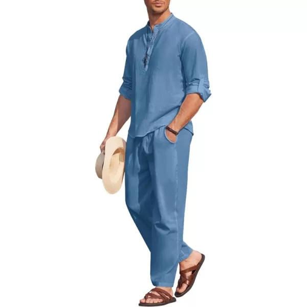 COOFANDY Men's 2 Pieces Cotton Linen Set Long Sleeve Henley Shirts Casual Beach Pants With Pockets Summer Yoga Outfits