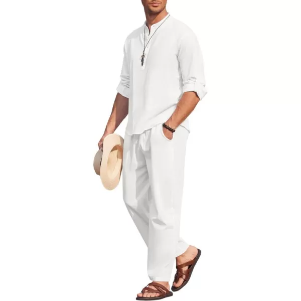 COOFANDY Men's 2 Pieces Cotton Linen Set Long Sleeve Henley Shirts Casual Beach Pants With Pockets Summer Yoga Outfits