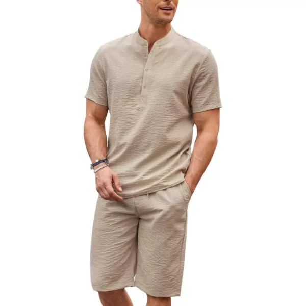 COOFANDY Men's 2 Pieces Linen Set Casual Henley Shirts Short Sleeve Beach Yoga Shorts Summer Pants Outfits