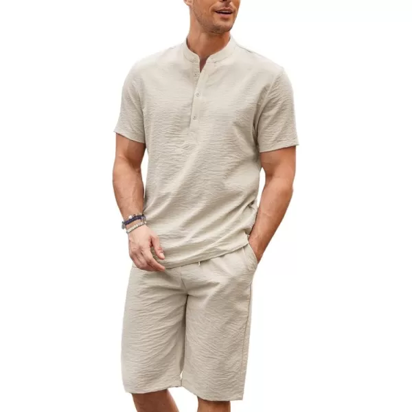 COOFANDY Men's 2 Pieces Linen Set Casual Henley Shirts Short Sleeve Beach Yoga Shorts Summer Pants Outfits