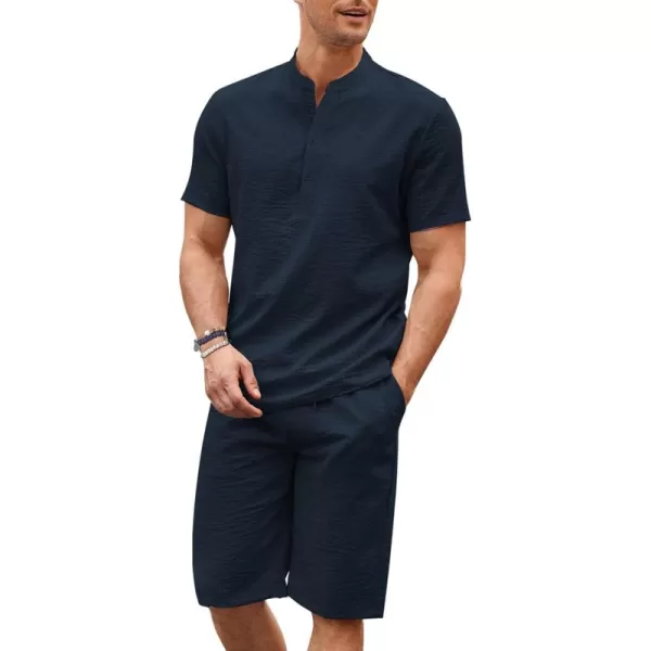 COOFANDY Men's 2 Pieces Linen Set Casual Henley Shirts Short Sleeve Beach Yoga Shorts Summer Pants Outfits