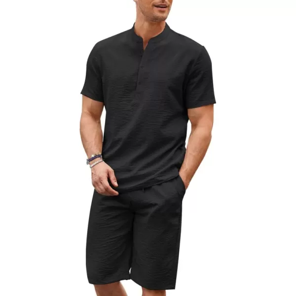COOFANDY Men's 2 Pieces Linen Set Casual Henley Shirts Short Sleeve Beach Yoga Shorts Summer Pants Outfits