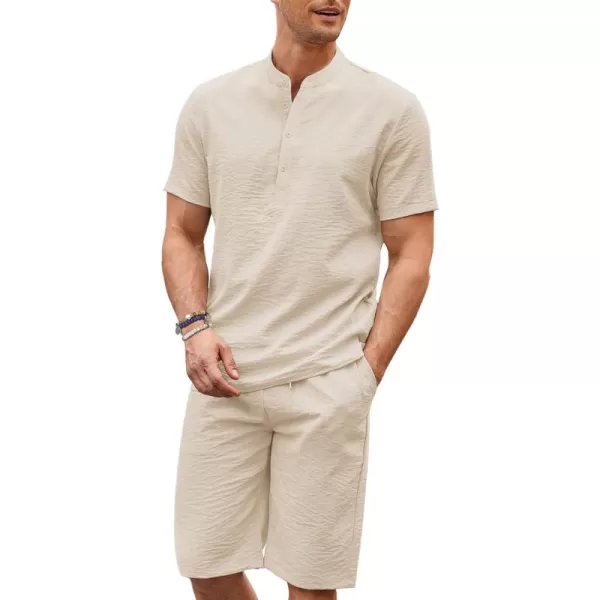 COOFANDY Men's 2 Pieces Linen Set Casual Henley Shirts Short Sleeve Beach Yoga Shorts Summer Pants Outfits