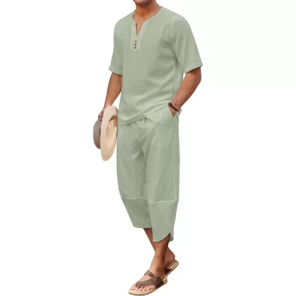 COOFANDY Men's 2 Pieces Linen Set Henley Shirt Short Sleeve and Harem Capri Pants Wide Leg Baggy Beach Yoga Trousers Outfits