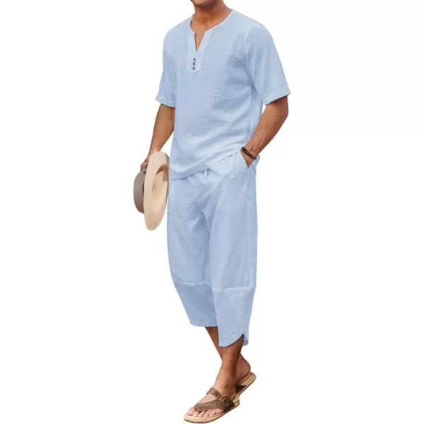 COOFANDY Men's 2 Pieces Linen Set Henley Shirt Short Sleeve and Harem Capri Pants Wide Leg Baggy Beach Yoga Trousers Outfits