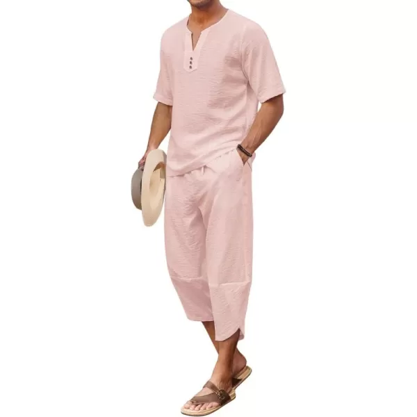 COOFANDY Men's 2 Pieces Linen Set Henley Shirt Short Sleeve and Harem Capri Pants Wide Leg Baggy Beach Yoga Trousers Outfits