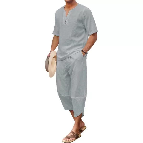 COOFANDY Men's 2 Pieces Linen Set Henley Shirt Short Sleeve and Harem Capri Pants Wide Leg Baggy Beach Yoga Trousers Outfits