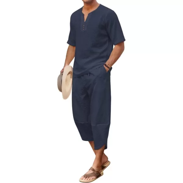 COOFANDY Men's 2 Pieces Linen Set Henley Shirt Short Sleeve and Harem Capri Pants Wide Leg Baggy Beach Yoga Trousers Outfits