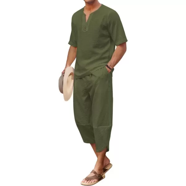 COOFANDY Men's 2 Pieces Linen Set Henley Shirt Short Sleeve and Harem Capri Pants Wide Leg Baggy Beach Yoga Trousers Outfits