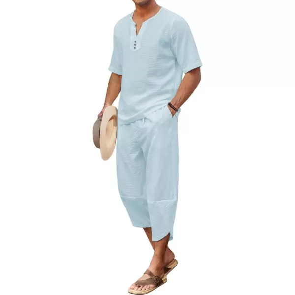 COOFANDY Men's 2 Pieces Linen Set Henley Shirt Short Sleeve and Harem Capri Pants Wide Leg Baggy Beach Yoga Trousers Outfits