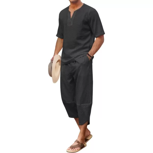COOFANDY Men's 2 Pieces Linen Set Henley Shirt Short Sleeve and Harem Capri Pants Wide Leg Baggy Beach Yoga Trousers Outfits