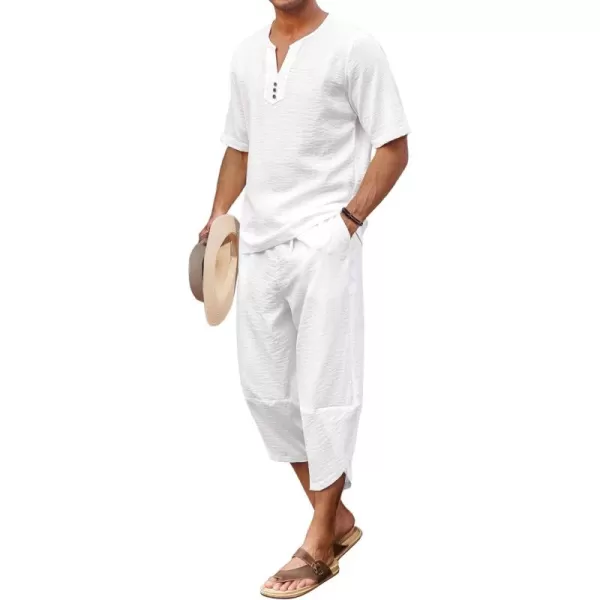 COOFANDY Men's 2 Pieces Linen Set Henley Shirt Short Sleeve and Harem Capri Pants Wide Leg Baggy Beach Yoga Trousers Outfits