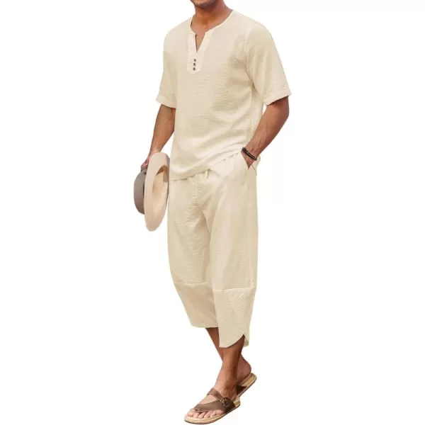 COOFANDY Men's 2 Pieces Linen Set Henley Shirt Short Sleeve and Harem Capri Pants Wide Leg Baggy Beach Yoga Trousers Outfits