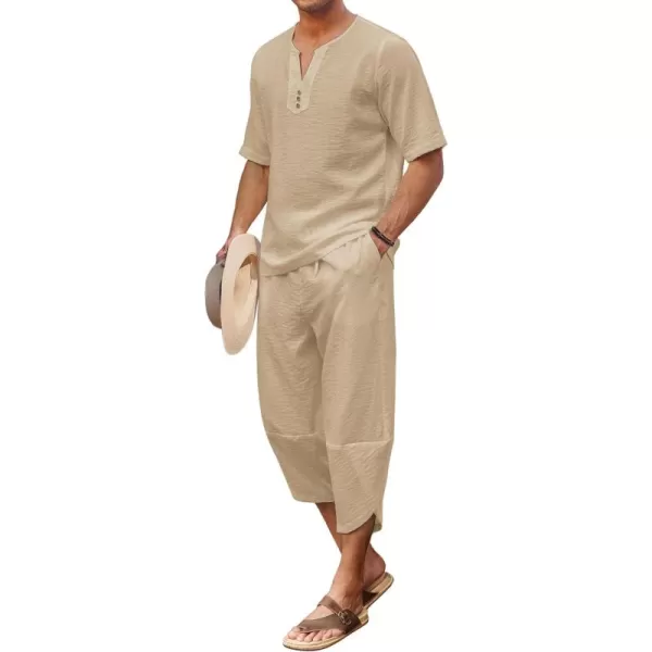 COOFANDY Men's 2 Pieces Linen Set Henley Shirt Short Sleeve and Harem Capri Pants Wide Leg Baggy Beach Yoga Trousers Outfits