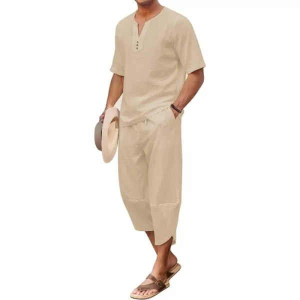 COOFANDY Men's 2 Pieces Linen Set Henley Shirt Short Sleeve and Harem Capri Pants Wide Leg Baggy Beach Yoga Trousers Outfits