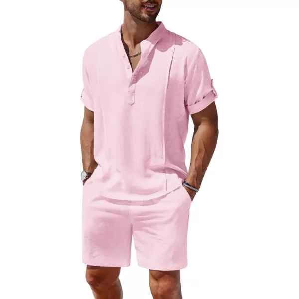 COOFANDY Men's 2 Pieces Linen Set Henley Shirt Short Sleeve and Shorts Summer Beach Yoga Matching Outfits
