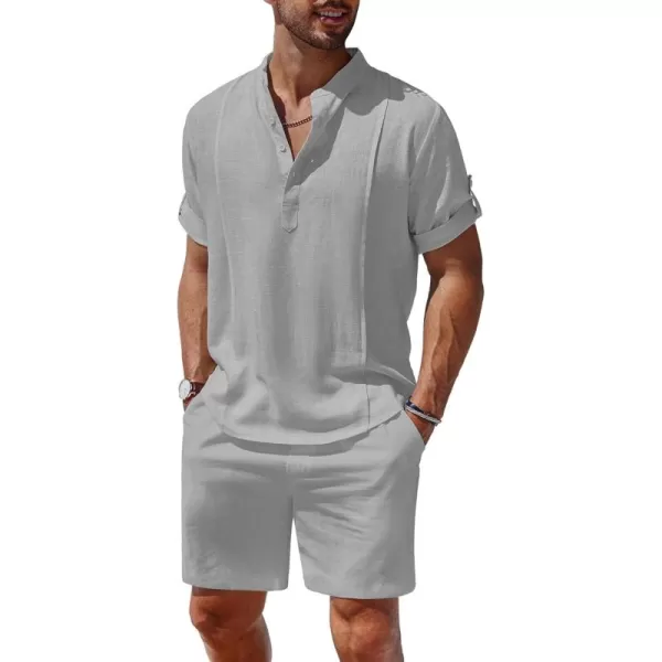 COOFANDY Men's 2 Pieces Linen Set Henley Shirt Short Sleeve and Shorts Summer Beach Yoga Matching Outfits