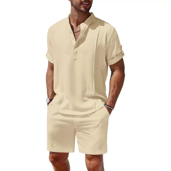 COOFANDY Men's 2 Pieces Linen Set Henley Shirt Short Sleeve and Shorts Summer Beach Yoga Matching Outfits