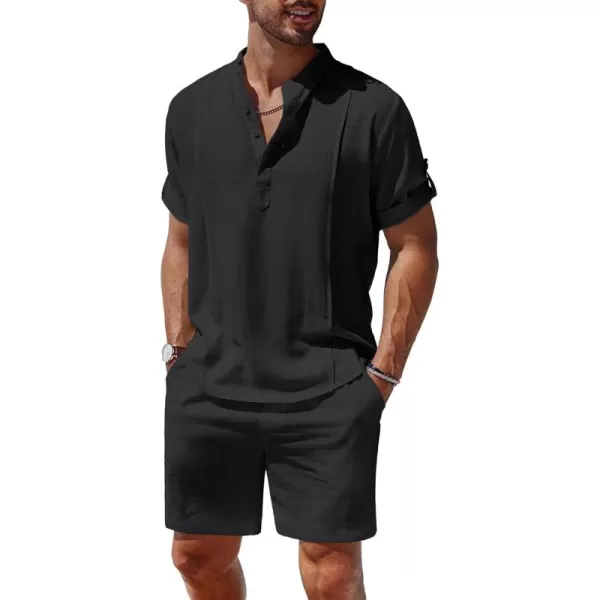 COOFANDY Men's 2 Pieces Linen Set Henley Shirt Short Sleeve and Shorts Summer Beach Yoga Matching Outfits