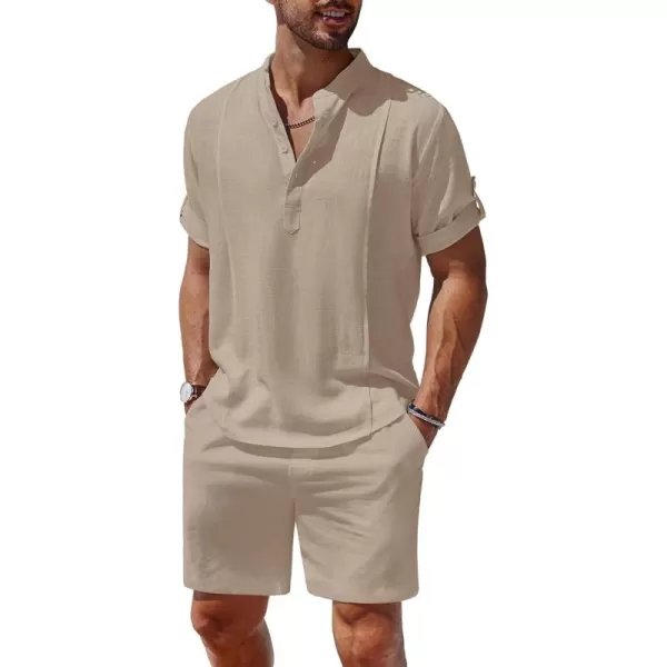 COOFANDY Men's 2 Pieces Linen Set Henley Shirt Short Sleeve and Shorts Summer Beach Yoga Matching Outfits