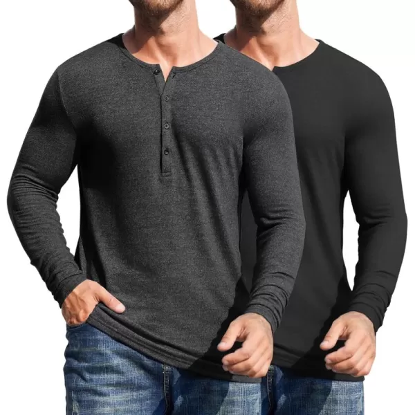 COOFANDY Men's 2Pack Slim Fit Henley Shirts Long Sleeve Lightweight Fashion Casual Cotton Basic T Shirts