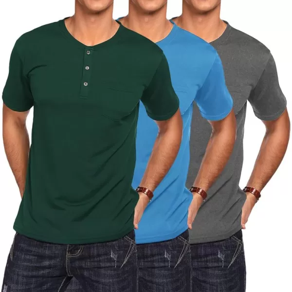 COOFANDY Men's 3 Pack Henley Shirts Short Sleeve Casual Basic Tees Classic Henley Summer Solid T Shirts with Pocket