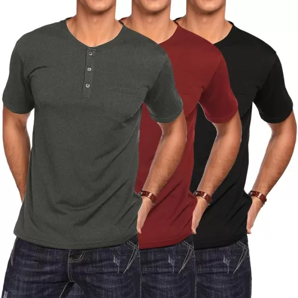 COOFANDY Men's 3 Pack Henley Shirts Short Sleeve Casual Basic Tees Classic Henley Summer Solid T Shirts with Pocket