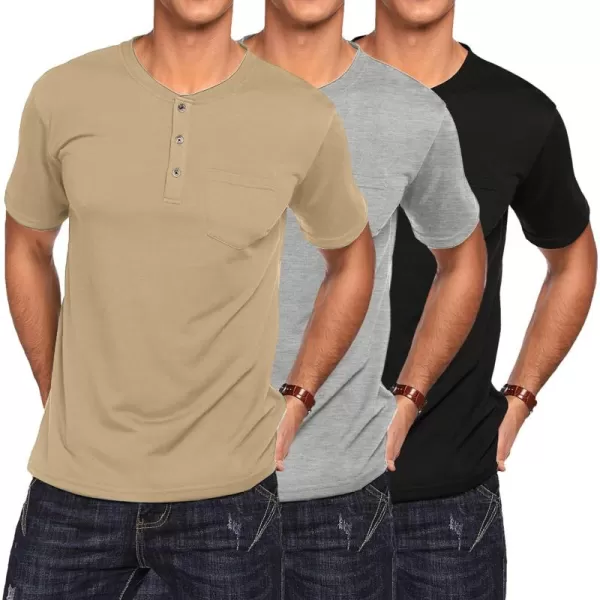 COOFANDY Men's 3 Pack Henley Shirts Short Sleeve Casual Basic Tees Classic Henley Summer Solid T Shirts with Pocket