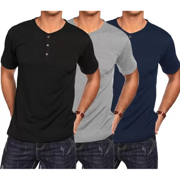 COOFANDY Men's 3 Pack Henley Shirts Short Sleeve Casual Basic Tees Classic Henley Summer Solid T Shirts with Pocket